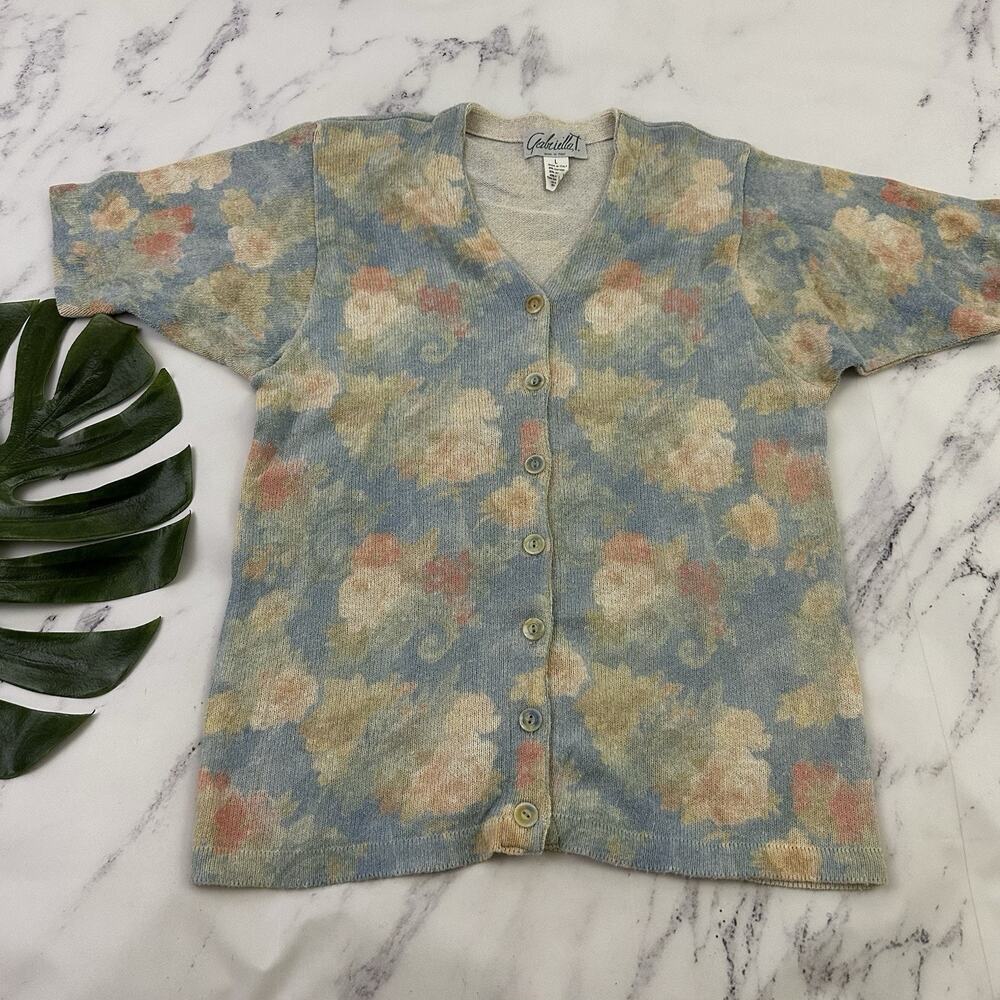 Gabriella T Vintage 90s Cardigan Sweater Size L Blue Peach Floral Linen Blend